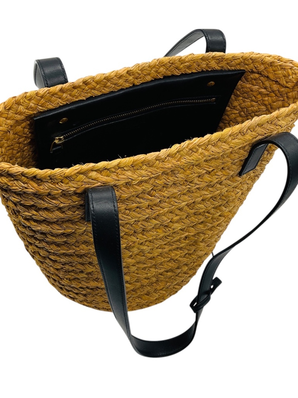 SAINT LAURENT NATURAL / BLACK PANIER BASKET SHOPPER RAFFIA SMALL TOTE BUCKET BAG - Picture 5 of 14